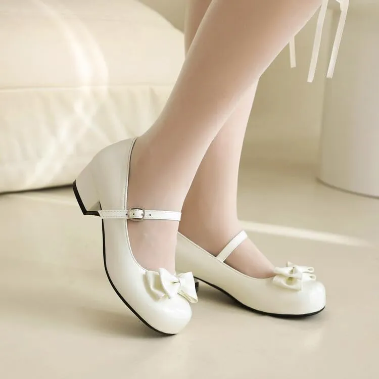 Women's Glossy Bows Square Toe Block Heel Mary Janes Pumps