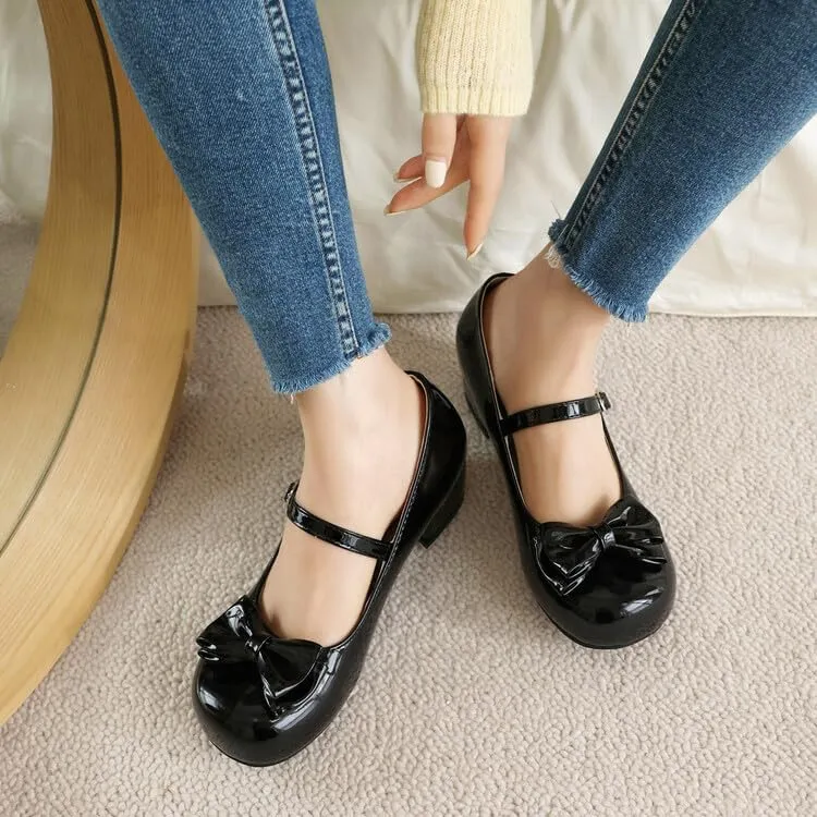 Women's Glossy Bows Square Toe Block Heel Mary Janes Pumps