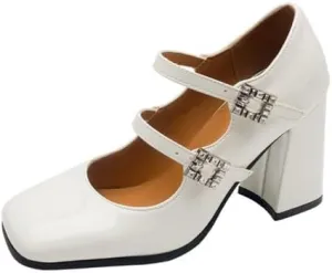 Women's Glossy Square Toe Chunky Heel Mary Jane Pumps