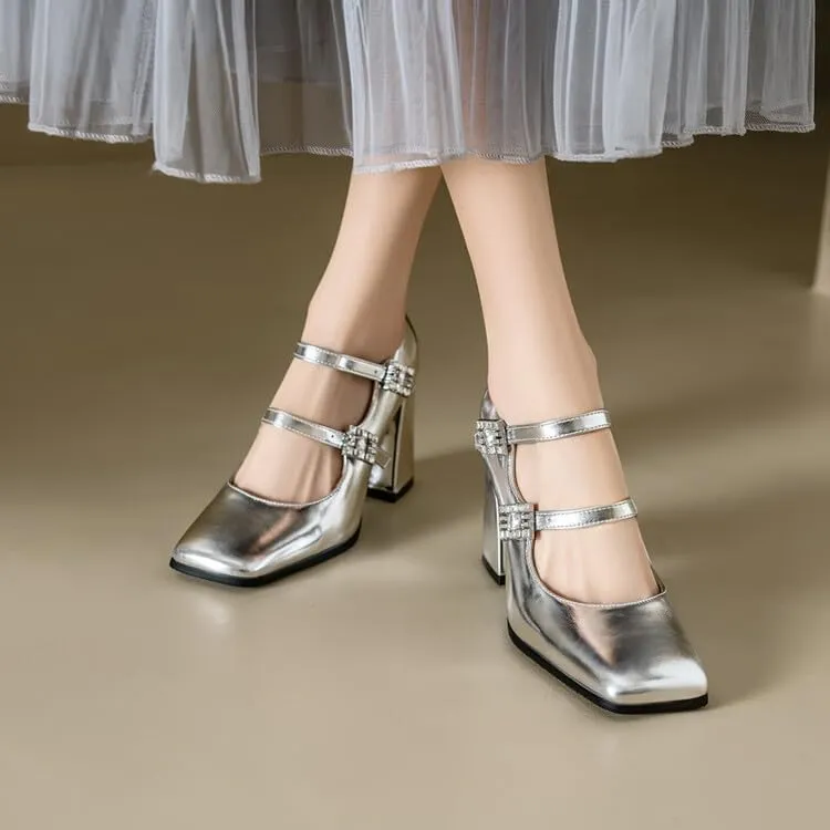Women's Glossy Square Toe Chunky Heel Mary Jane Pumps