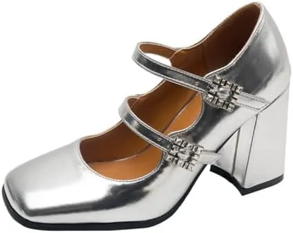 Women's Glossy Square Toe Chunky Heel Mary Jane Pumps