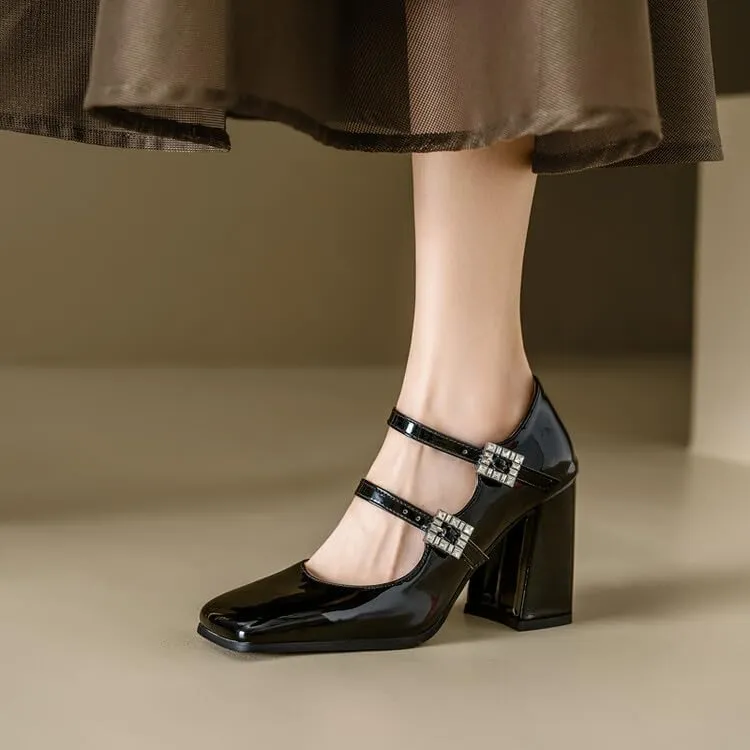 Women's Glossy Square Toe Chunky Heel Mary Jane Pumps
