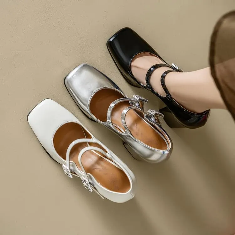 Women's Glossy Square Toe Chunky Heel Mary Jane Pumps