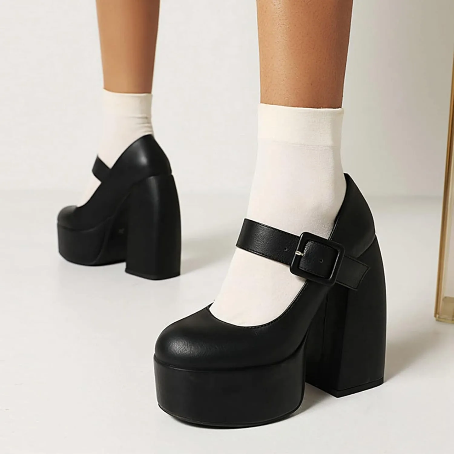 Women's Gothic Mary Jane Pumps Round Toe Chunky High Block Heels Ankle Strap Dress Platform Shoes
