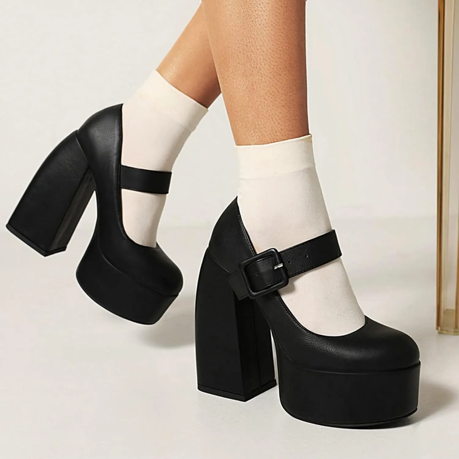 Women's Gothic Mary Jane Pumps Round Toe Chunky High Block Heels Ankle Strap Dress Platform Shoes
