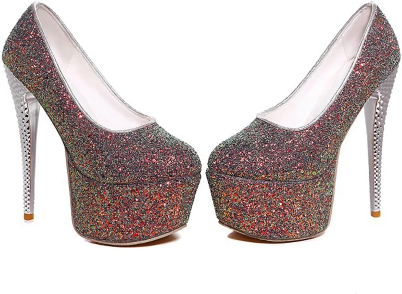 Women's High Heels Platform Pumps Shoes Sequins Fashion Round Closed Toe Stilettos Slip on for Dress Wedding Party Prom
