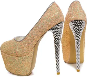 Women's High Heels Platform Pumps Shoes Sequins Fashion Round Closed Toe Stilettos Slip on for Dress Wedding Party Prom