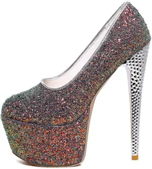Women's High Heels Platform Pumps Shoes Sequins Fashion Round Closed Toe Stilettos Slip on for Dress Wedding Party Prom