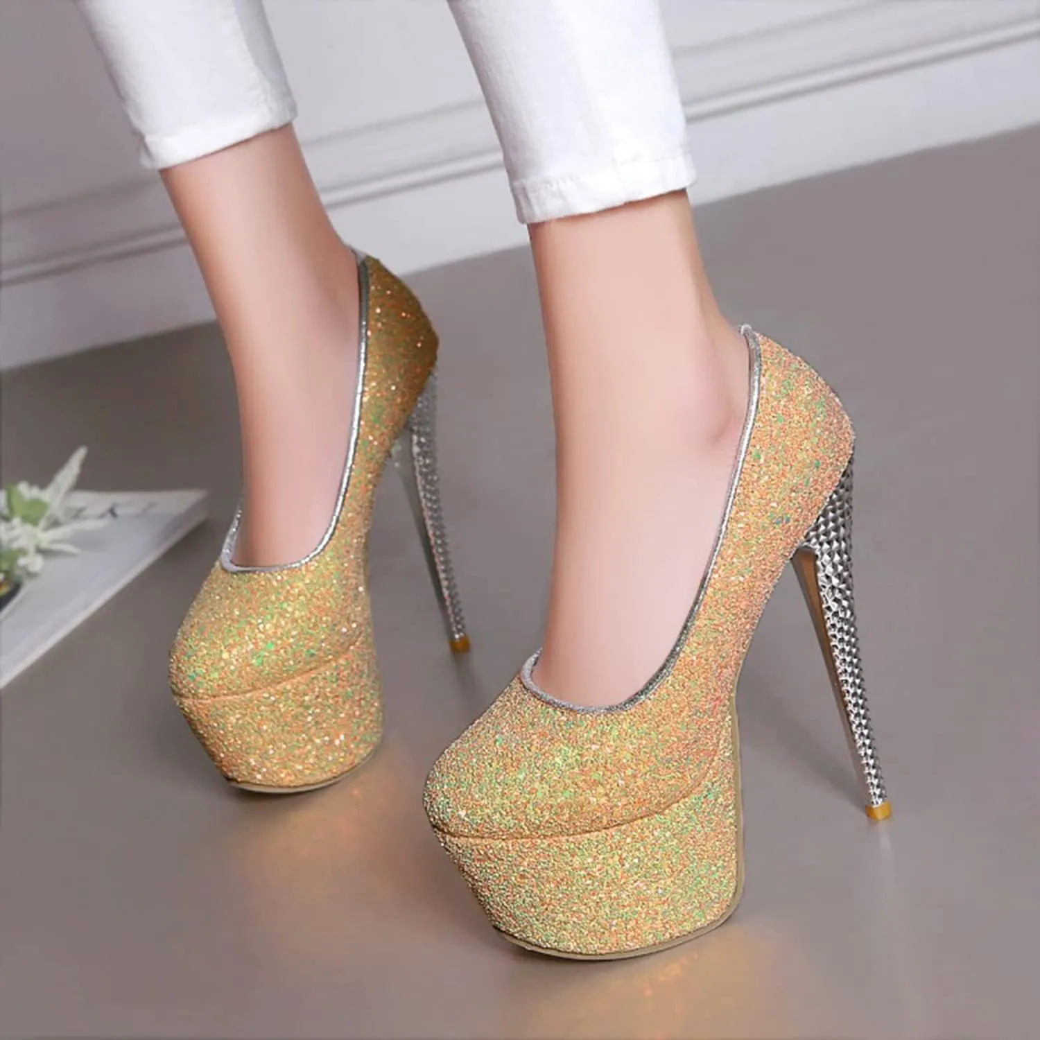 Women's High Heels Platform Pumps Shoes Sequins Fashion Round Closed Toe Stilettos Slip on for Dress Wedding Party Prom