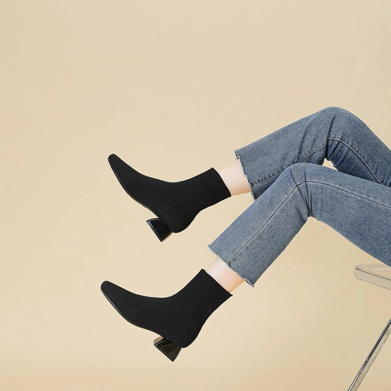 Women's Knit Chunky Block Heel Ankle Boots Fashion Square Toe Elastic Fabric Low Heel Slip On Casual Boots Comfort Breathable Dress Sock Booties
