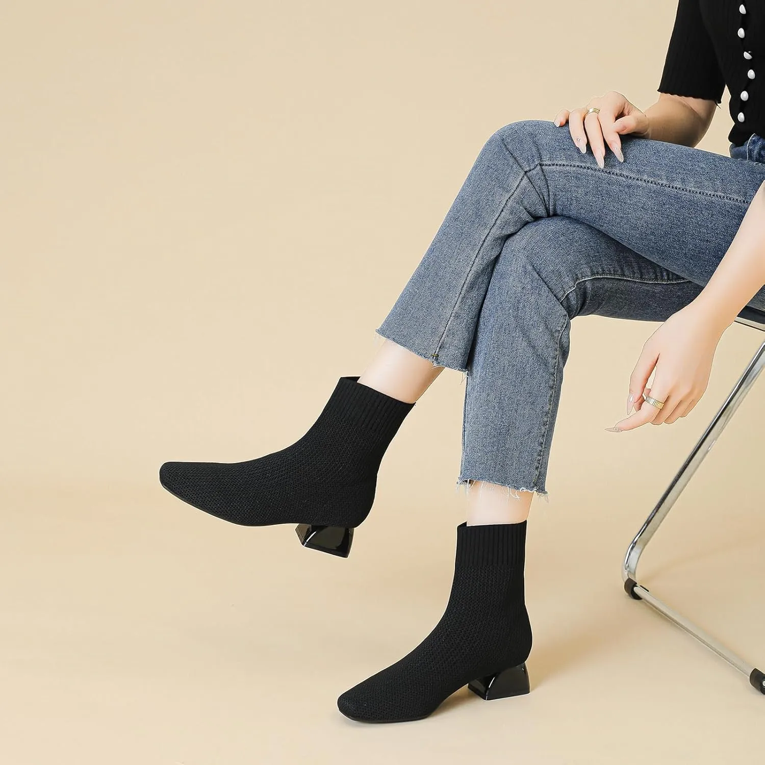 Women's Knit Chunky Block Heel Ankle Boots Fashion Square Toe Elastic Fabric Low Heel Slip On Casual Boots Comfort Breathable Dress Sock Booties