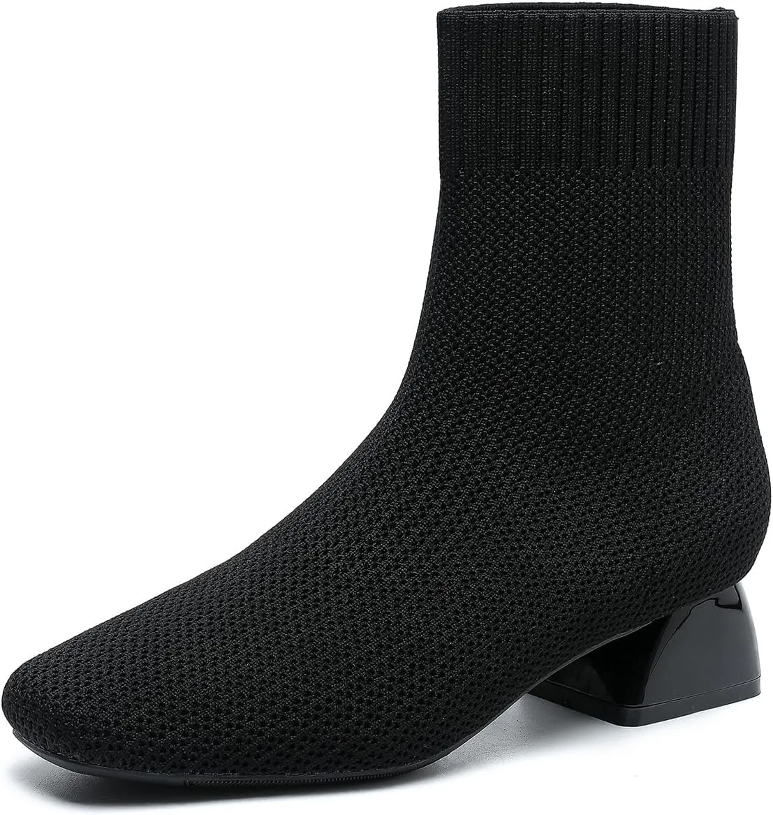 Women's Knit Chunky Block Heel Ankle Boots Fashion Square Toe Elastic Fabric Low Heel Slip On Casual Boots Comfort Breathable Dress Sock Booties