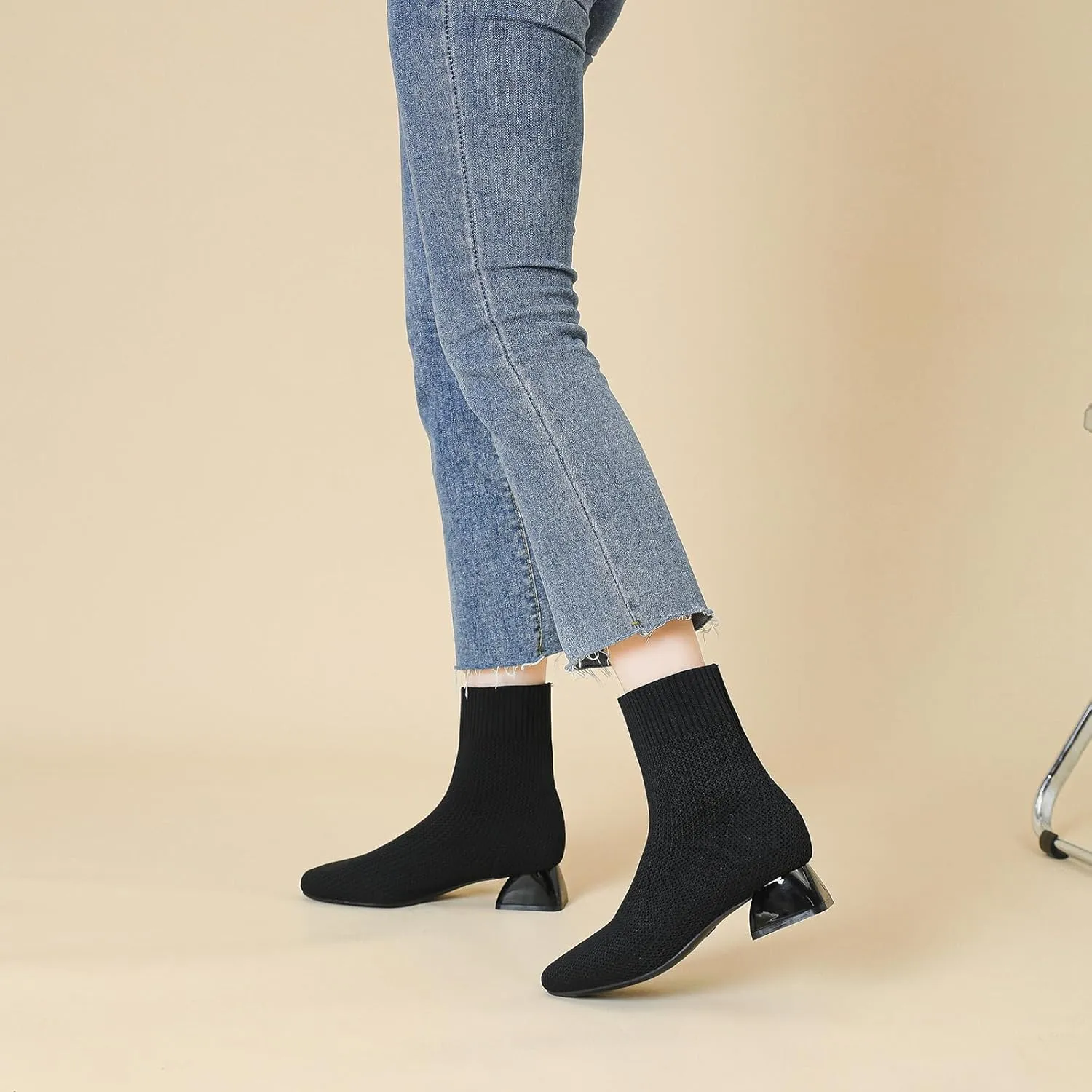 Women's Knit Chunky Block Heel Ankle Boots Fashion Square Toe Elastic Fabric Low Heel Slip On Casual Boots Comfort Breathable Dress Sock Booties