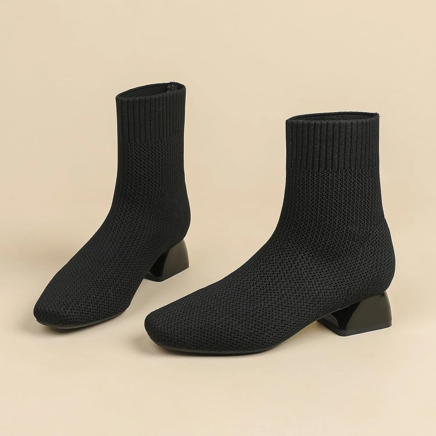 Women's Knit Chunky Block Heel Ankle Boots Fashion Square Toe Elastic Fabric Low Heel Slip On Casual Boots Comfort Breathable Dress Sock Booties