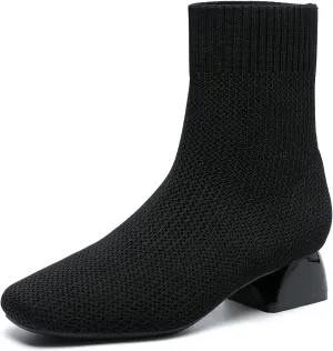 Women's Knit Chunky Block Heel Ankle Boots Fashion Square Toe Elastic Fabric Low Heel Slip On Casual Boots Comfort Breathable Dress Sock Booties