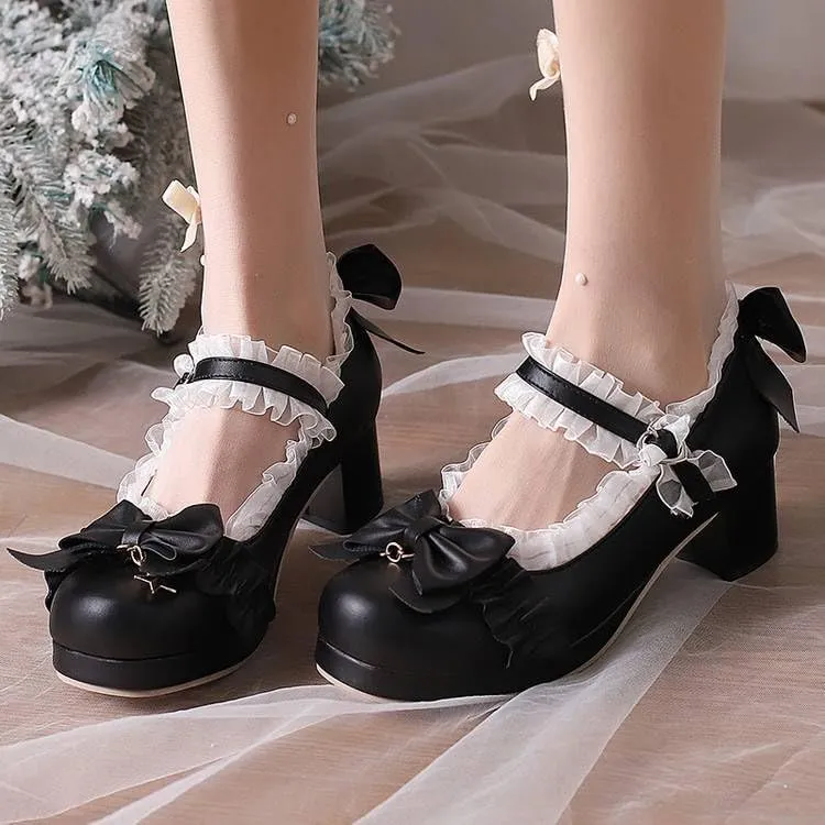 Women's Lace Bows Block Heel Platform Mary Janes Pumps