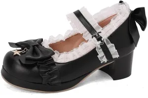 Women's Lace Bows Block Heel Platform Mary Janes Pumps