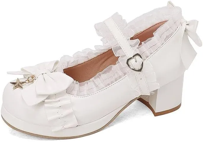 Women's Lace Bows Block Heel Platform Mary Janes Pumps