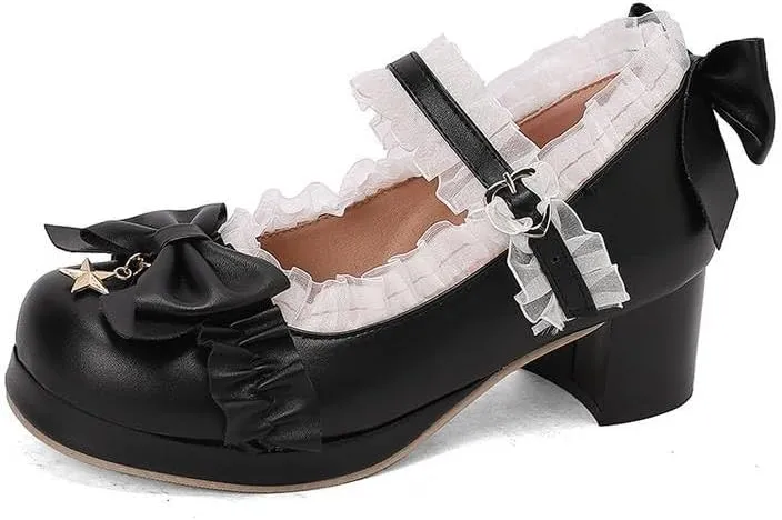 Women's Lace Bows Block Heel Platform Mary Janes Pumps