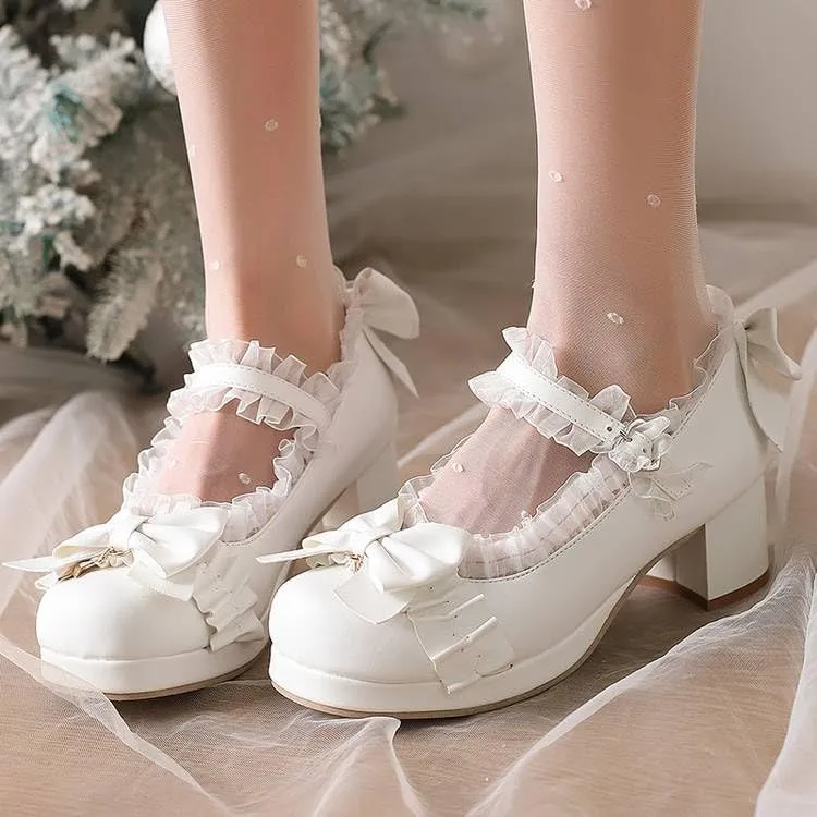 Women's Lace Bows Block Heel Platform Mary Janes Pumps