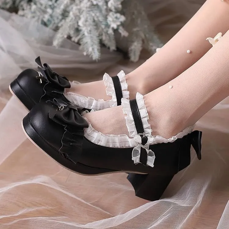 Women's Lace Bows Block Heel Platform Mary Janes Pumps
