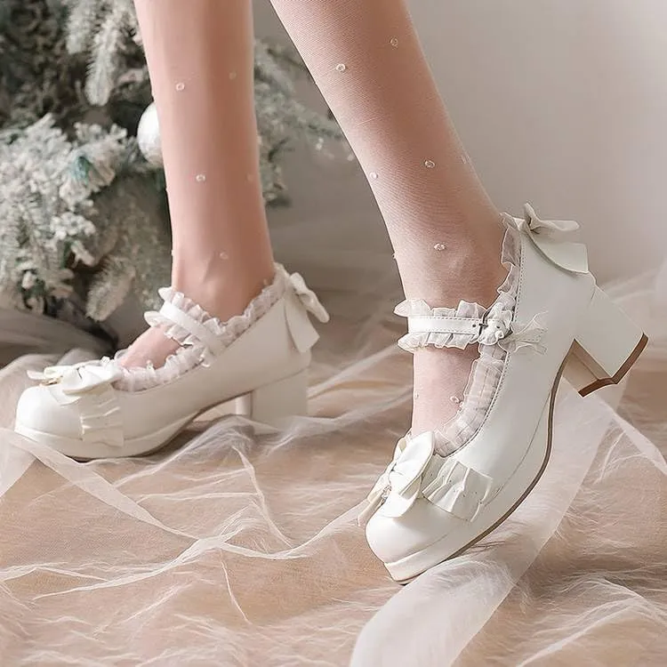 Women's Lace Bows Block Heel Platform Mary Janes Pumps