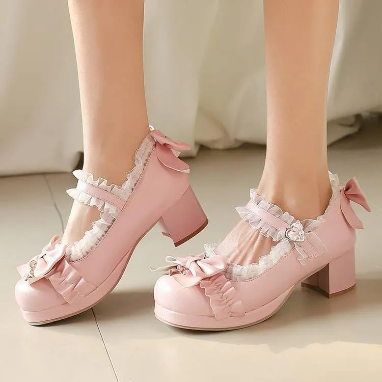 Women's Lace Bows Block Heel Platform Mary Janes Pumps