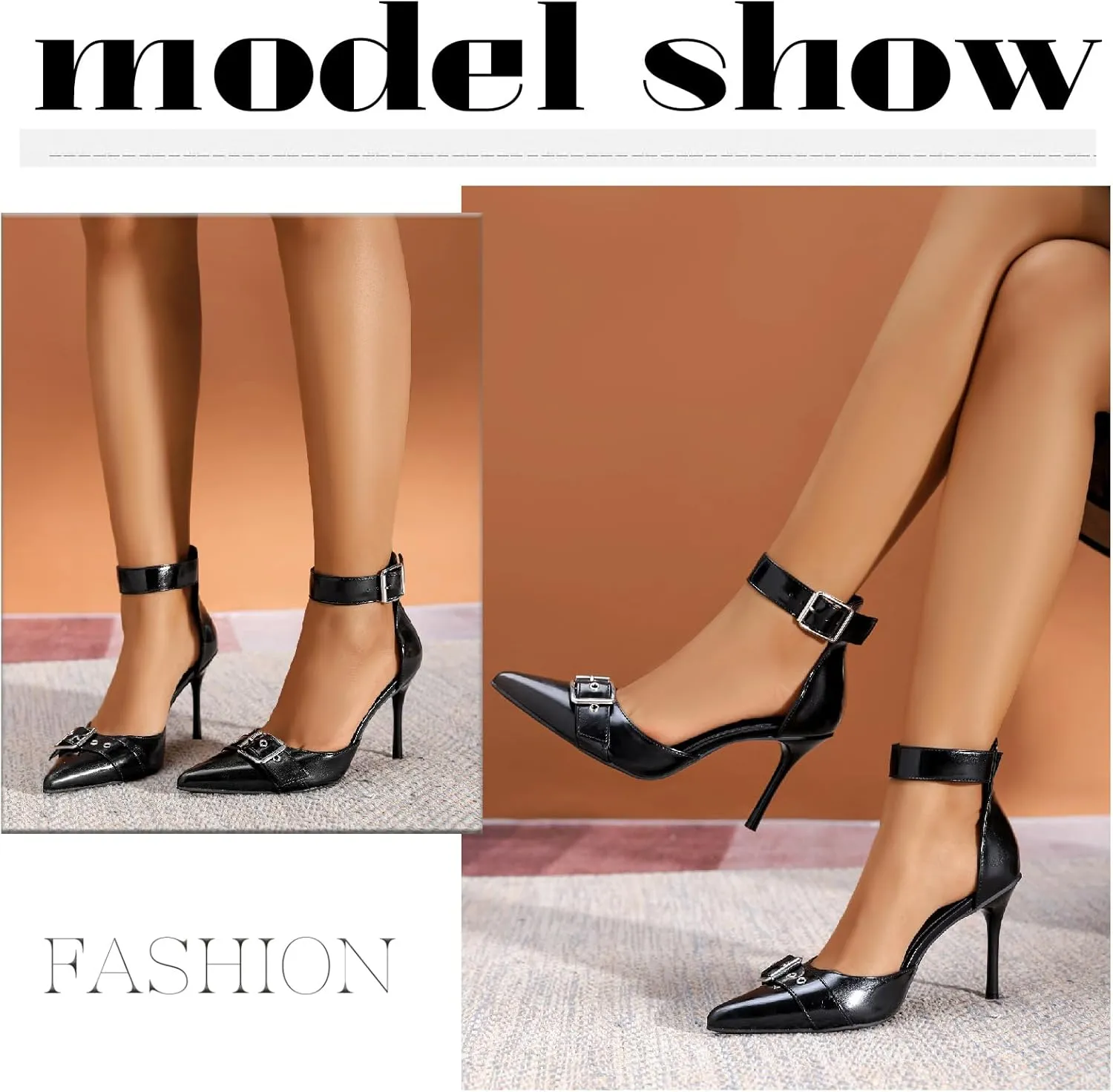 Women's Leather Buckle Strap Stiletto Pumps with Adjust Ankle Strap Sexy Closed Pointed Toe Comfortable High Heels Dress Shoes for Wedding Party Office D'Orsay Shoes