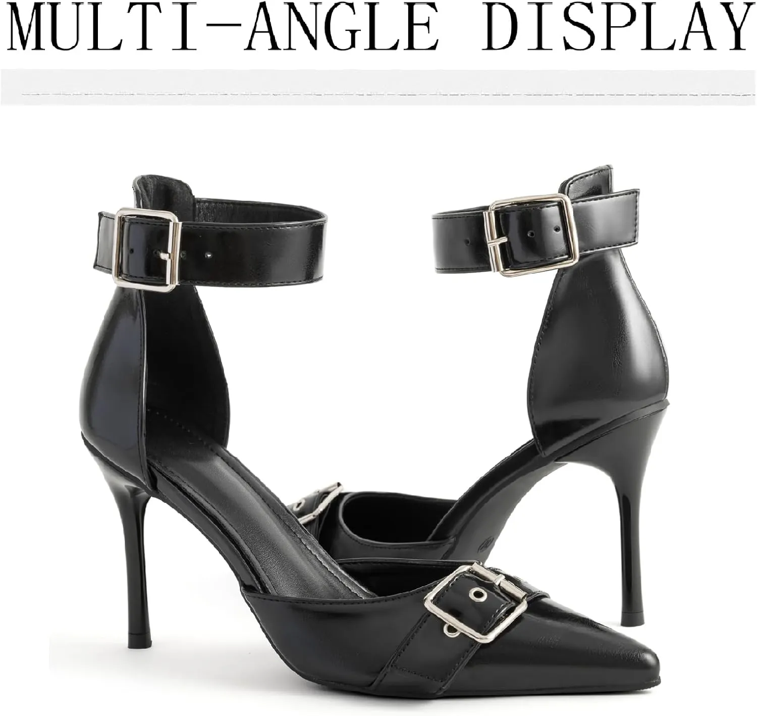 Women's Leather Buckle Strap Stiletto Pumps with Adjust Ankle Strap Sexy Closed Pointed Toe Comfortable High Heels Dress Shoes for Wedding Party Office D'Orsay Shoes