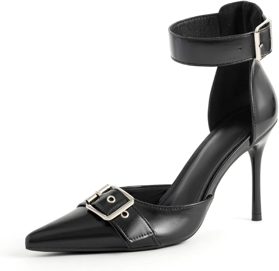 Women's Leather Buckle Strap Stiletto Pumps with Adjust Ankle Strap Sexy Closed Pointed Toe Comfortable High Heels Dress Shoes for Wedding Party Office D'Orsay Shoes