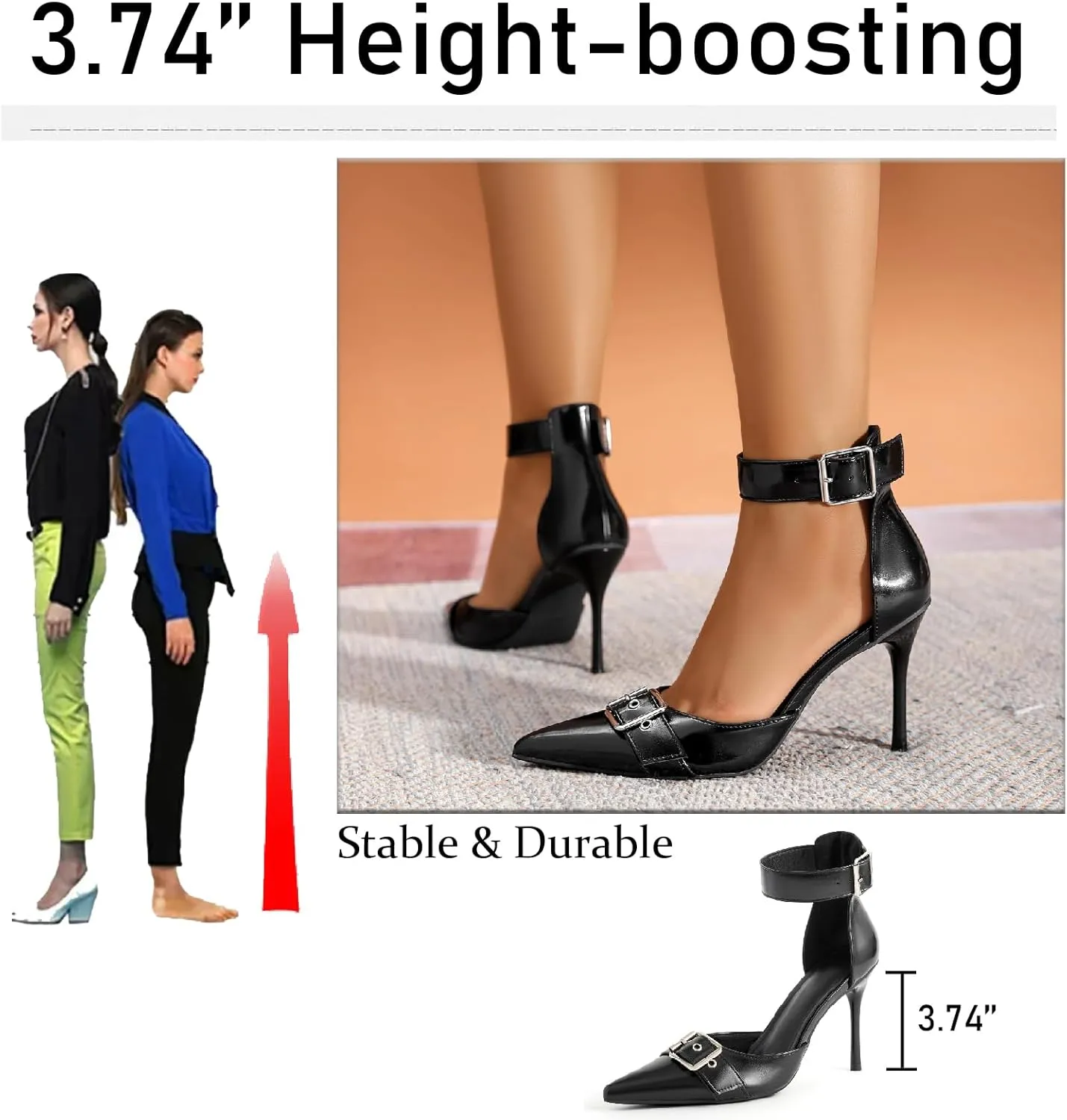 Women's Leather Buckle Strap Stiletto Pumps with Adjust Ankle Strap Sexy Closed Pointed Toe Comfortable High Heels Dress Shoes for Wedding Party Office D'Orsay Shoes