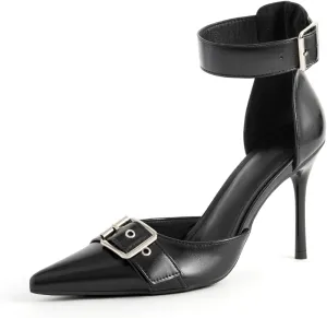 Women's Leather Buckle Strap Stiletto Pumps with Adjust Ankle Strap Sexy Closed Pointed Toe Comfortable High Heels Dress Shoes for Wedding Party Office D'Orsay Shoes