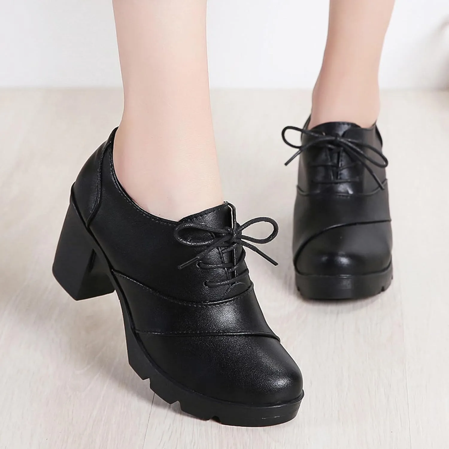 Women's Leather Lace-up Chunky High Heeled Pumps,Fashion Round Toe Mid-Heel Casual Oxfords,Non-Slip Platform Block Heel Dress Shoes