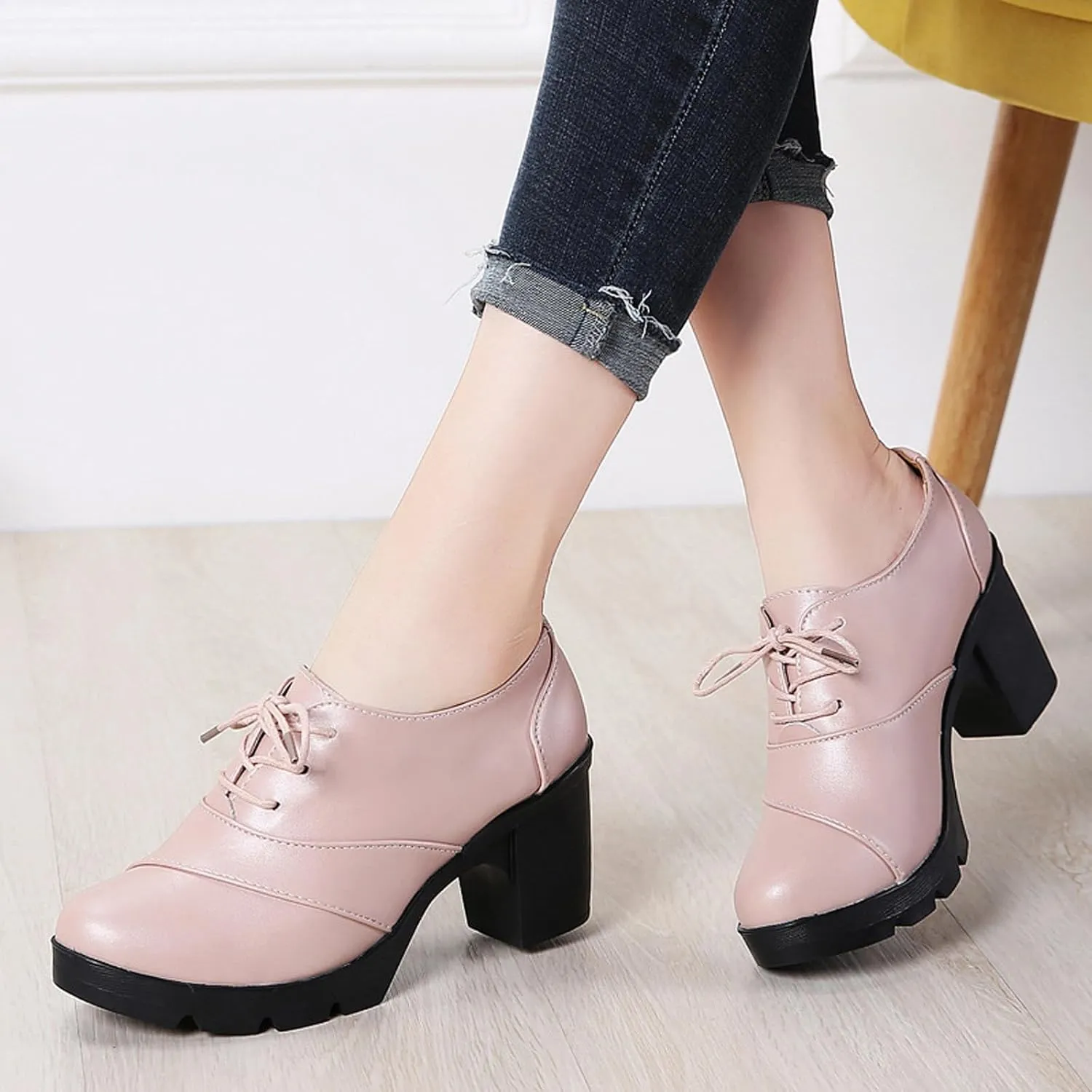 Women's Leather Lace-up Chunky High Heeled Pumps,Fashion Round Toe Mid-Heel Casual Oxfords,Non-Slip Platform Block Heel Dress Shoes