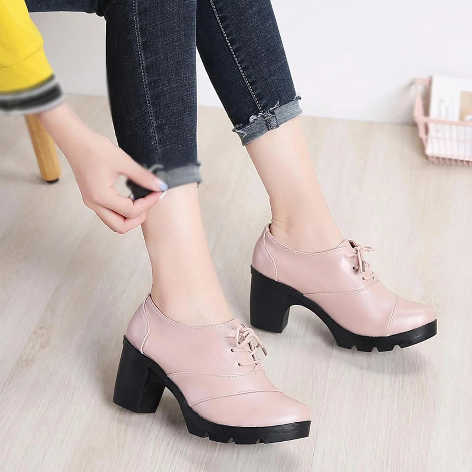 Women's Leather Lace-up Chunky High Heeled Pumps,Fashion Round Toe Mid-Heel Casual Oxfords,Non-Slip Platform Block Heel Dress Shoes