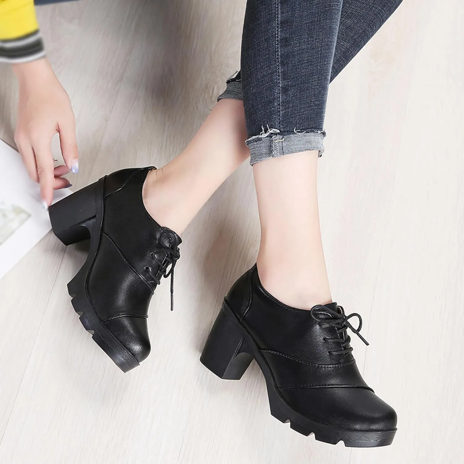 Women's Leather Lace-up Chunky High Heeled Pumps,Fashion Round Toe Mid-Heel Casual Oxfords,Non-Slip Platform Block Heel Dress Shoes