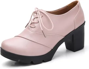Women's Leather Lace-up Chunky High Heeled Pumps,Fashion Round Toe Mid-Heel Casual Oxfords,Non-Slip Platform Block Heel Dress Shoes