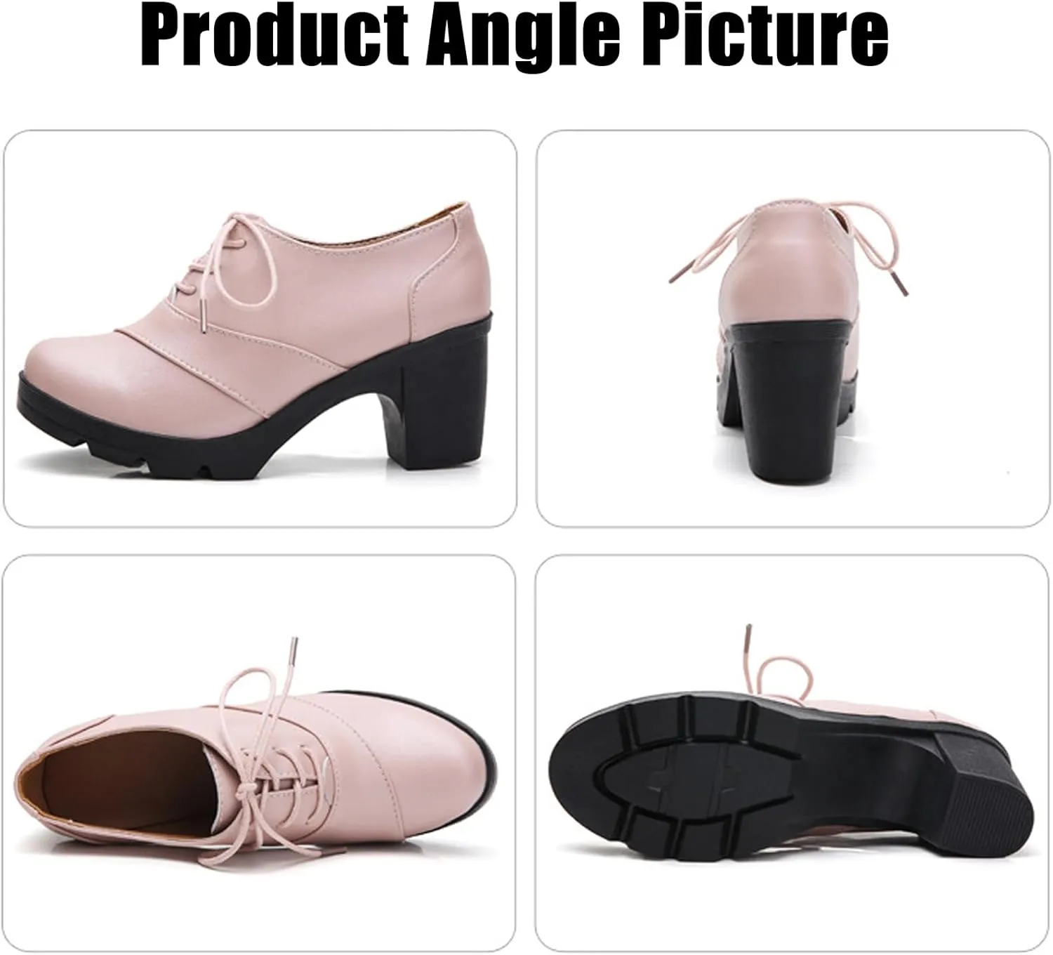 Women's Leather Lace-up Chunky High Heeled Pumps,Fashion Round Toe Mid-Heel Casual Oxfords,Non-Slip Platform Block Heel Dress Shoes