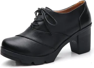 Women's Leather Lace-up Chunky High Heeled Pumps,Fashion Round Toe Mid-Heel Casual Oxfords,Non-Slip Platform Block Heel Dress Shoes