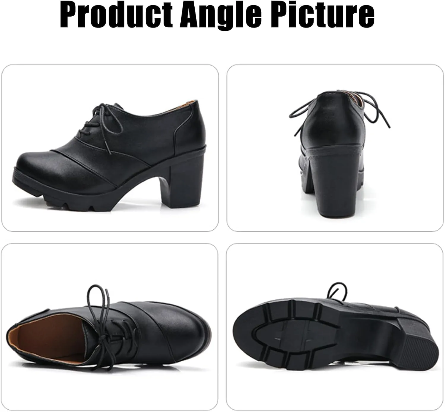 Women's Leather Lace-up Chunky High Heeled Pumps,Fashion Round Toe Mid-Heel Casual Oxfords,Non-Slip Platform Block Heel Dress Shoes