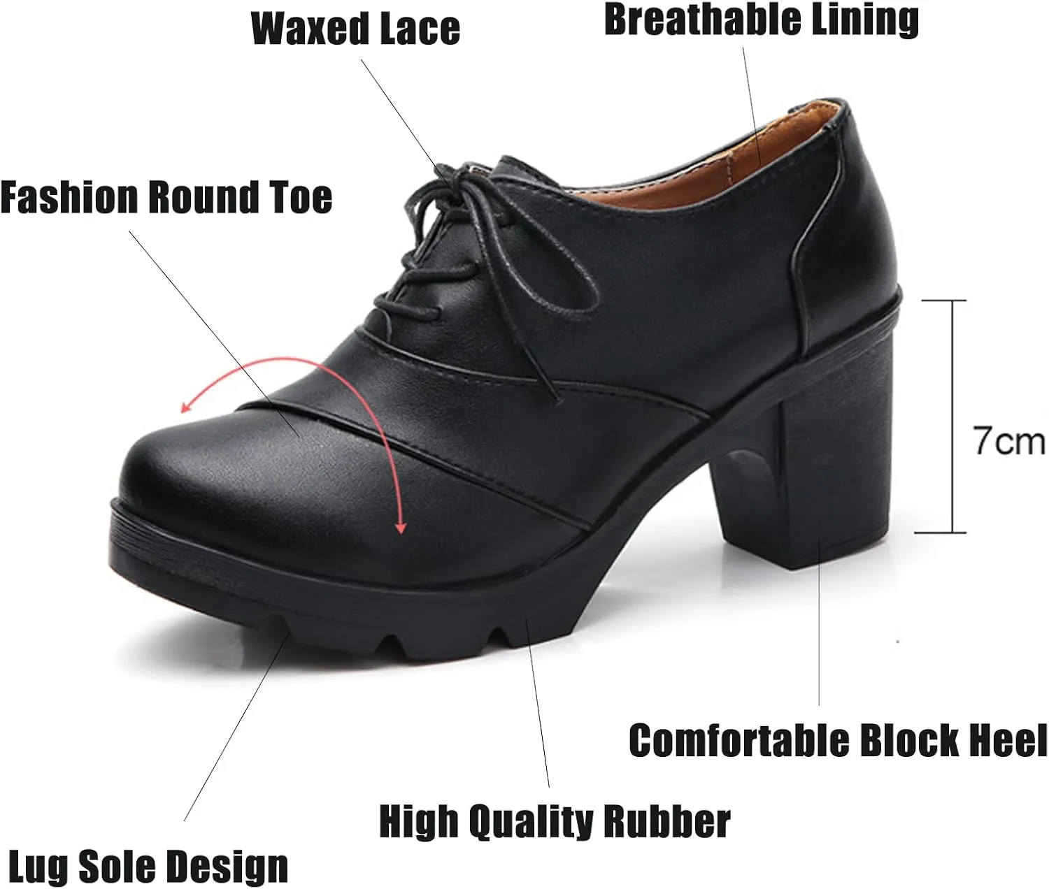 Women's Leather Lace-up Chunky High Heeled Pumps,Fashion Round Toe Mid-Heel Casual Oxfords,Non-Slip Platform Block Heel Dress Shoes