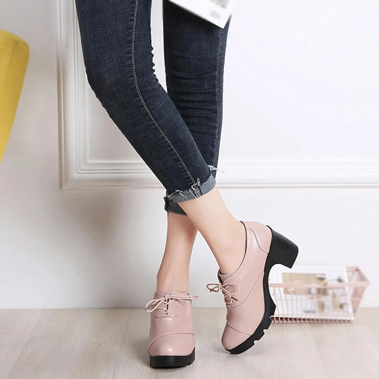 Women's Leather Lace-up Chunky High Heeled Pumps,Fashion Round Toe Mid-Heel Casual Oxfords,Non-Slip Platform Block Heel Dress Shoes