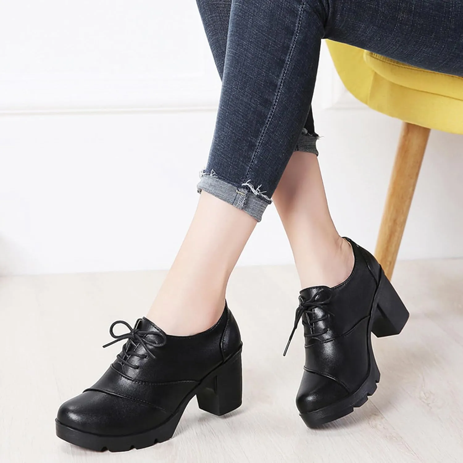 Women's Leather Lace-up Chunky High Heeled Pumps,Fashion Round Toe Mid-Heel Casual Oxfords,Non-Slip Platform Block Heel Dress Shoes