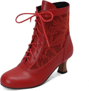 Women's Leather Lace up Victorian Kitten Heel Ankle Boots Comfortable Round Toe Embroidered Breathable Non Slip Vintage Booties for Party Prom Evening Witch Boots