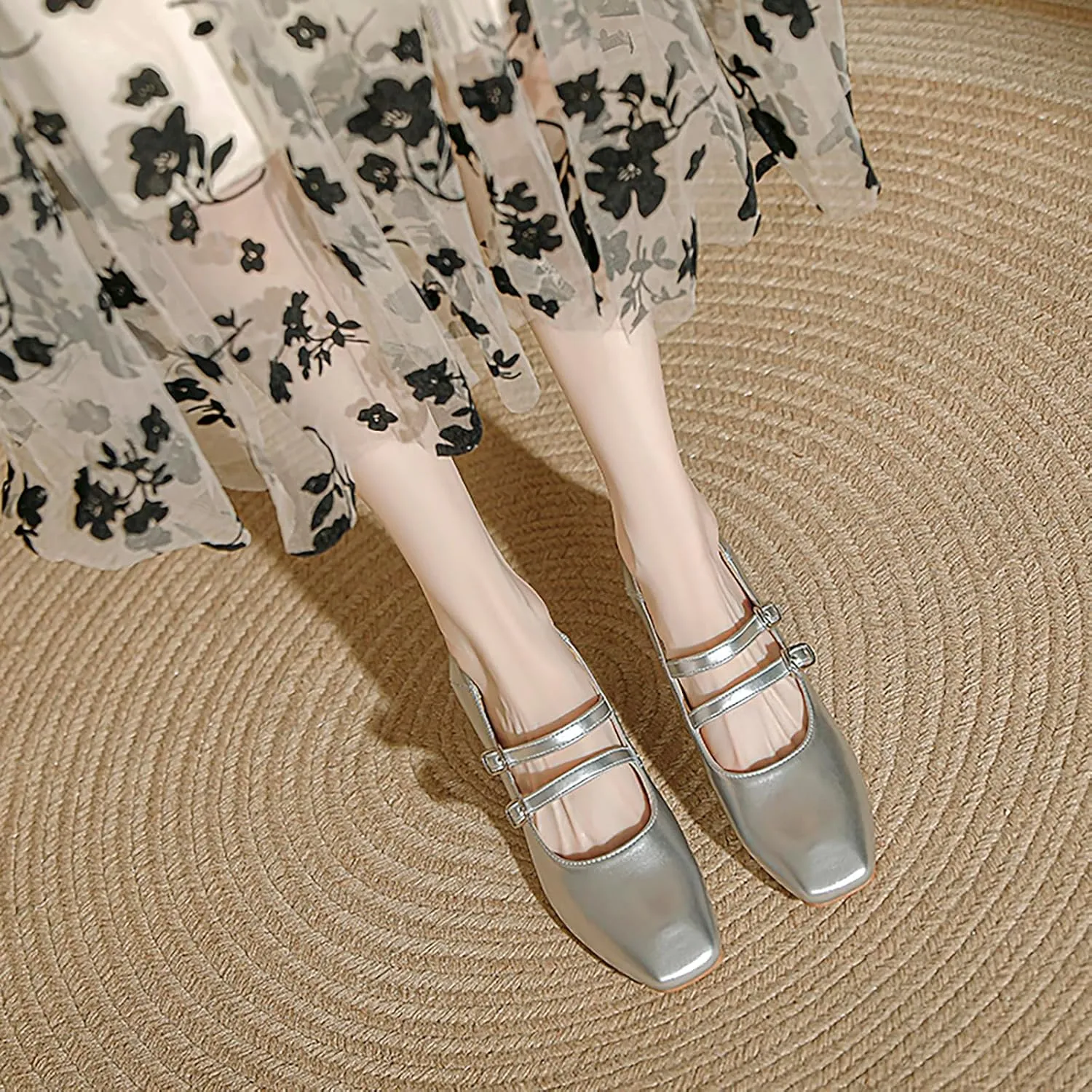 Women's Leather Two Straps Block Heels Mary Jane Shoes Comfort Square Toe Low Heels Pumps Adjustable Buckle Office Work Dressy Shoes