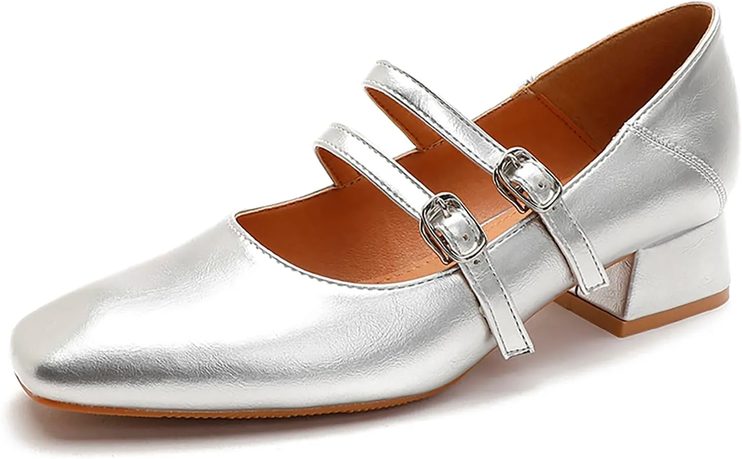 Women's Leather Two Straps Block Heels Mary Jane Shoes Comfort Square Toe Low Heels Pumps Adjustable Buckle Office Work Dressy Shoes