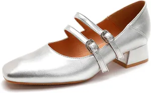Women's Leather Two Straps Block Heels Mary Jane Shoes Comfort Square Toe Low Heels Pumps Adjustable Buckle Office Work Dressy Shoes