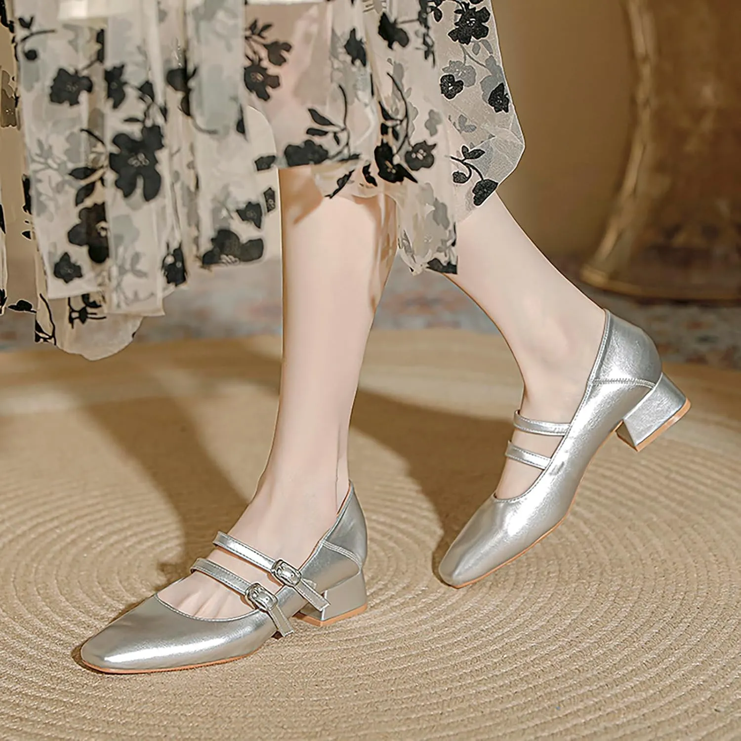 Women's Leather Two Straps Block Heels Mary Jane Shoes Comfort Square Toe Low Heels Pumps Adjustable Buckle Office Work Dressy Shoes