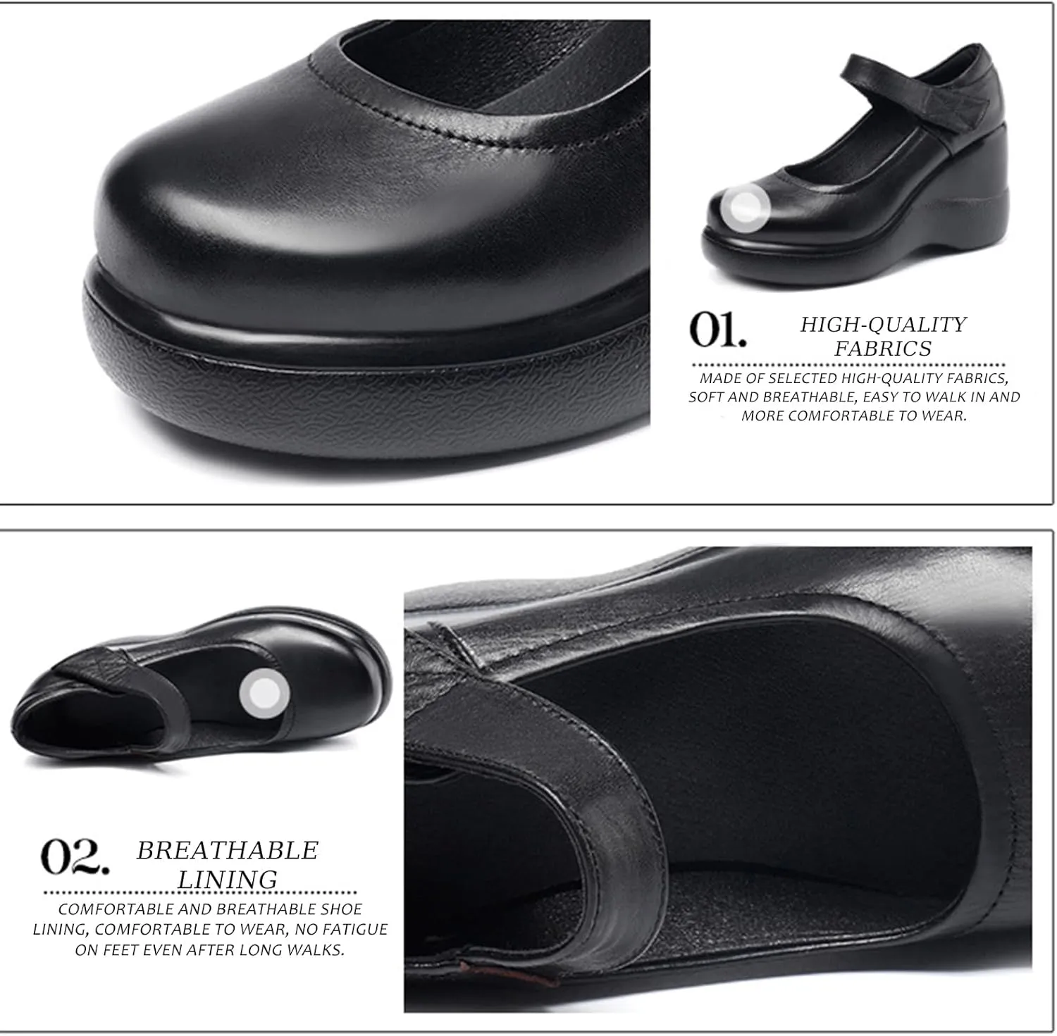 Women's Leather Wedge Mary Jane Shoes Comfort Round Toe Hook Loop Ankle Strap Soft Sole Platform Pumps Business Office Formal Shoes