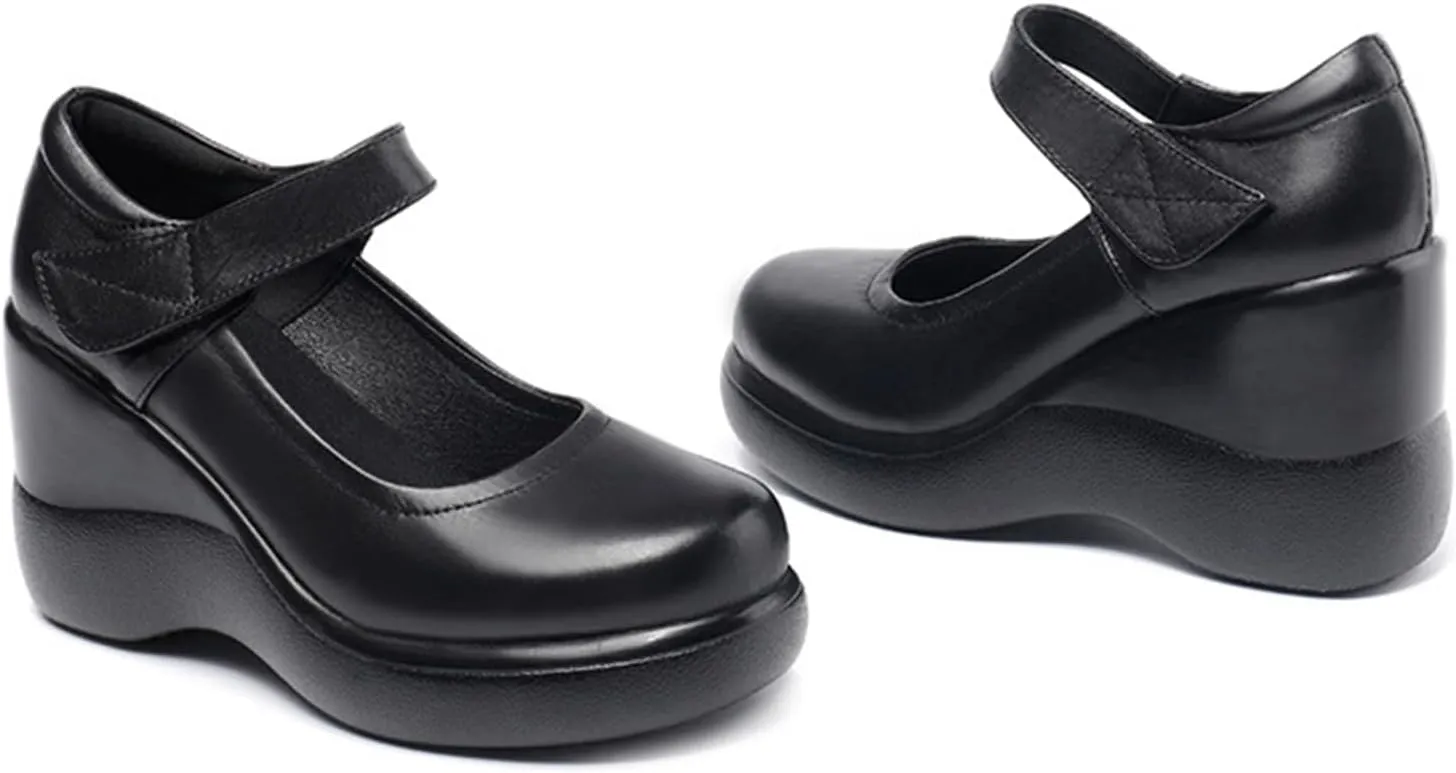 Women's Leather Wedge Mary Jane Shoes Comfort Round Toe Hook Loop Ankle Strap Soft Sole Platform Pumps Business Office Formal Shoes